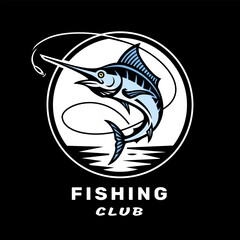 Fishing club logo with an image of marlin on dark background on dark background.