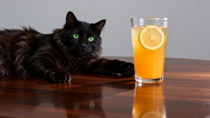 Black cat next to a lemon drink
