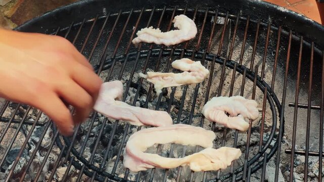 Grilled intestines to crispy texture. Chinchulin is the small intestine of an cow used in cooking, especially in Argentine, Uruguayan, and Paraguayan cuisine. High quality 4k footage