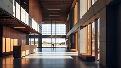 A wide view of a modern building lobby with high ceilings wooden panels and large windows letting in natural sunlight