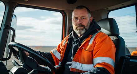 Experienced truck driver sitting in vehicle cabin wearing safety gear