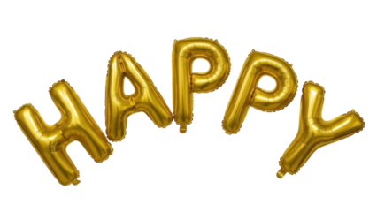 Golden happy foil balloons isolated PNG on transparent background, festive party decoration for birthday celebration and special occasions