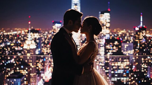 Silhouette couple relationship celebration togetherness love urban lights
