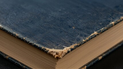 Worn dark blue book cover with frayed edges and yellowed corners, neat pages visible, conveying aged texture and nostalgic weight