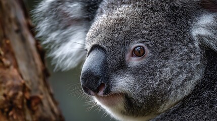 Obraz premium Close-up of a koala's face, showcasing its grey fur, brown eyes, and distinctive nose