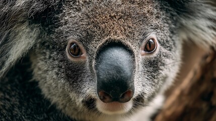 Obraz premium Close-up of a koala's face, highlighting its fur texture and expressive brown eyes