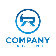 Modern Blue Letter R Construction Logo with Hammer and Roof Icon