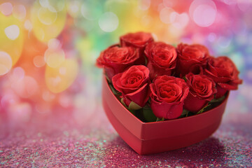 celebrate mothers valentines day wedding, heart shaped box of red roses on colorful background with glitter and bokeh effect, copy space photorealistic