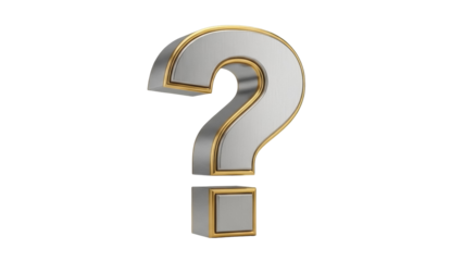 Silver question mark with gold trim isolated PNG, symbol of uncertainty and inquiry for graphic design and educational materials