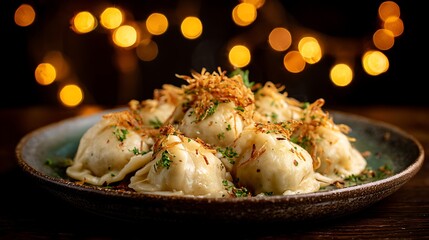 Close-up of a plate with steamed dumplings, topped with fried onions and herbs