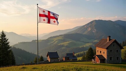 National Flag of Georgia Waving Softly Above Calm Ridge Village, Caucasus Country Symbol and Georgian Heritage, 4K Video Footage
