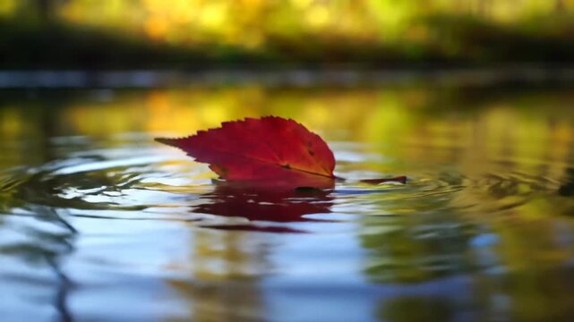 Vibrant red leaf floating on calm water, reflecting the colorful autumn trees.