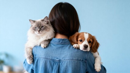 Person holding cat and dog on shoulders