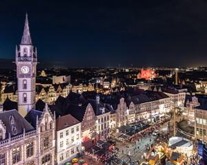 Aerial Night View of Ghent Old Town Center in Belgium