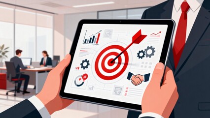 Businessman holding tablet with target and charts