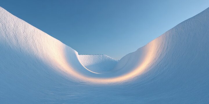 Empty outdoor snow halfpipe under clear blue sky with golden sunlight.