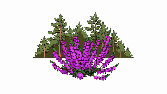 A vibrant purple heather bush blooms in front of a serene pine forest