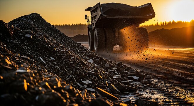 Large mining truck dumping coal at sunset in quarry