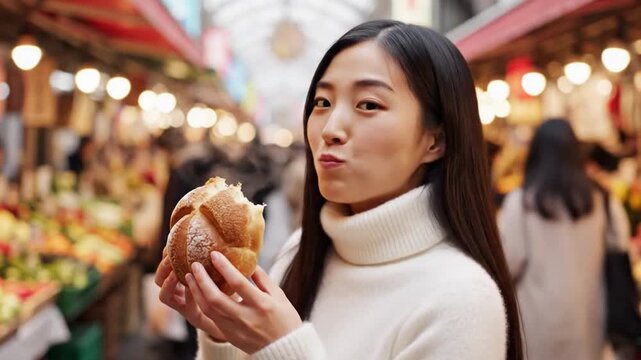 Culinary Delight in the Marketplace: A woman savors the deliciousness of a freshly baked bun in a bustling marketplace. She is truly enjoying the treat. 