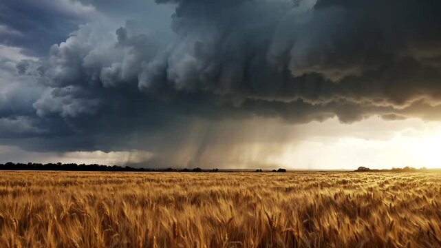 Wheat field under stormy sky
