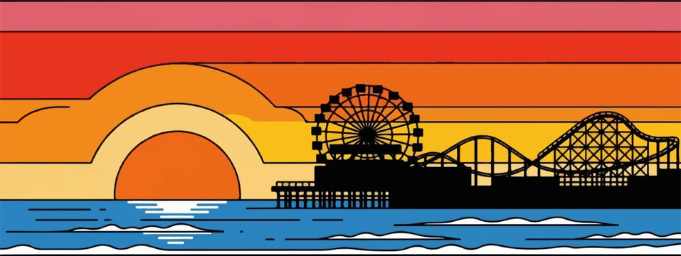 A vibrant sunset over a seaside amusement park with a Ferris wheel and roller coaster