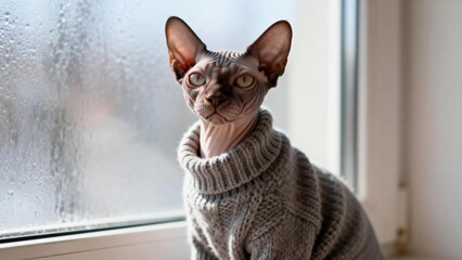 Hairless cat in sweater by window