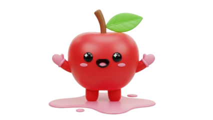 Cute red apple character PNG isolated on transparent background, kawaii fruit with happy face and pink mittens for kids design