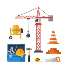 Fototapeta premium Construction site equipment and tools, crane, cement mixer, bricks, safety helmet