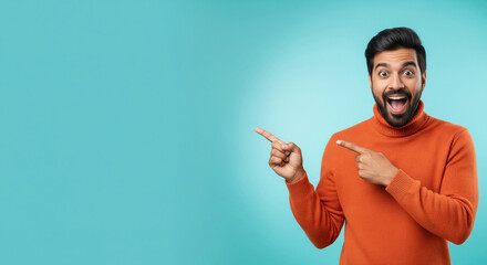 Young indian man pointing finger on empty space