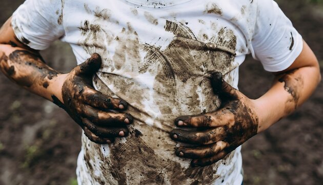 Child's hands covered in mud, playing in the dirt outdoors with a dirty t-shirt