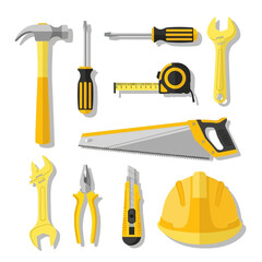 Collection of Yellow and Grey Hand Tools and Safety Helmet on White Background