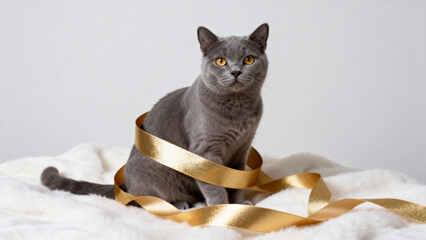 Gray cat with golden ribbon on white fur
