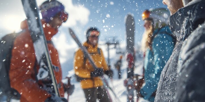 Group of friends standing and chatting on a snowy ski slope.