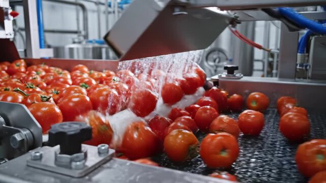 Tomatoes on conveyor belt in factory