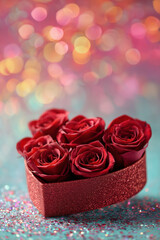 celebrate mothers valentines day wedding, heart shaped box of red roses on colorful background with glitter and bokeh effect portrait format, copy space, photorealistic