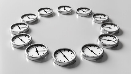 Artistic circular display of clocks with varying times