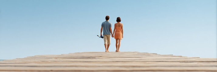 Fototapeta premium Young couple walking hand in hand along a wooden pier, soaking up the summer sun, embracing the joy of vacation, surrounded by a clear blue sky and a sense of adventure