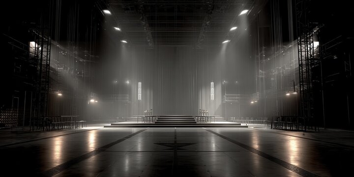Dramatic Empty High-Tech Stage with Spotlights and Industrial Rigging