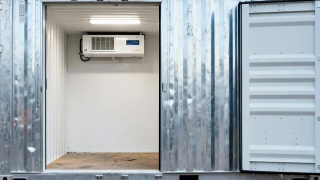 Medium shot of singular refrigerated shipping container with open door revealing clean interior suitable for perishable goods storage during events or construction projects.