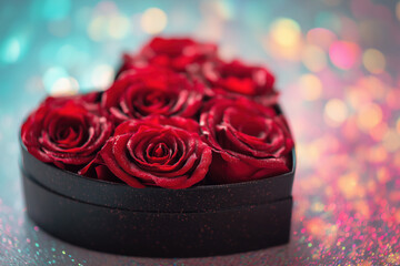 celebrate mothers valentines day wedding, heart shaped box of red roses on colorful background with glitter and bokeh effect, 6 photorealistic