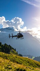A helicopter flies past a mountainous scene under a bright, sunny sky with scattered clouds and green vegetation