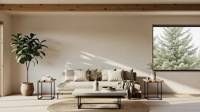 Modern Living Room Interior with Sofa Coffee Table and Potted Plant Bathed in Natural Sunlight.