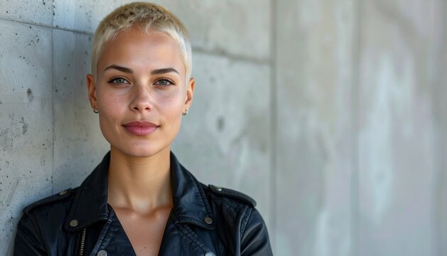 a blonde woman model with shaved hair wearing a black leather jacket standing with a white wall on background, fashion photography, spring summer collection	