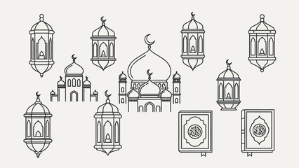Fototapeta premium Collection of traditional Islamic line art elements, featuring elegant mosques, luminous lanterns, and sacred books, ideal for Ramadan and Eid celebrations