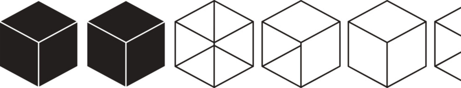 3D cube icon vector set featuring geometric shapes, outlined blocks, and isometric forms for modern abstract design projects