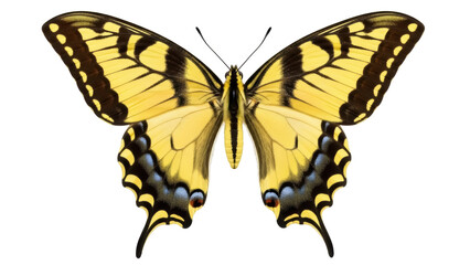 Eastern tiger swallowtail butterfly PNG isolated on transparent background, yellow and black wings with blue spots, detailed insect for design © Hugo