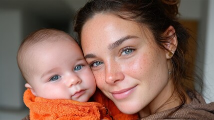 A woman holding a baby in an orange blanket. The baby has blue eyes. The woman is smiling