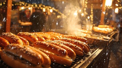 Close-up of cooked sausages in buns, a festive scene with soft lights and falling snow