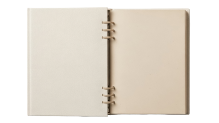 Open ring binder notebook isolated PNG on transparent background, blank pages for writing or drawing, scrapbook album for memories and creativity