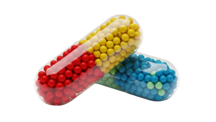 Two colorful capsule pills isolated PNG on transparent background, red yellow and blue green medicine for healthcare and pharmaceutical use